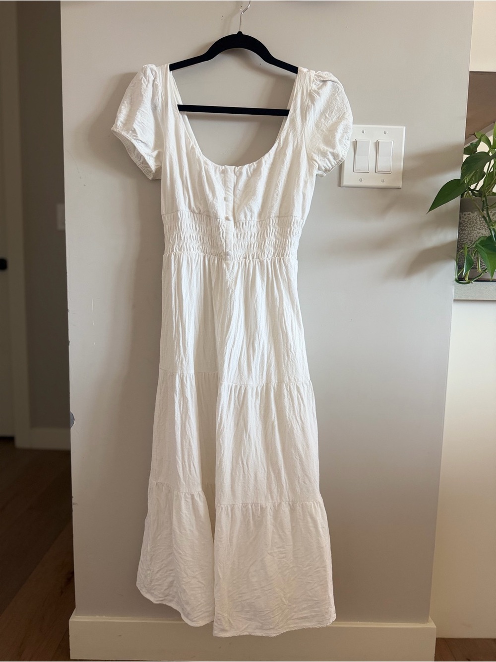 Urban Outfitters White Puff-Sleeve Linen Blend Midi Dress